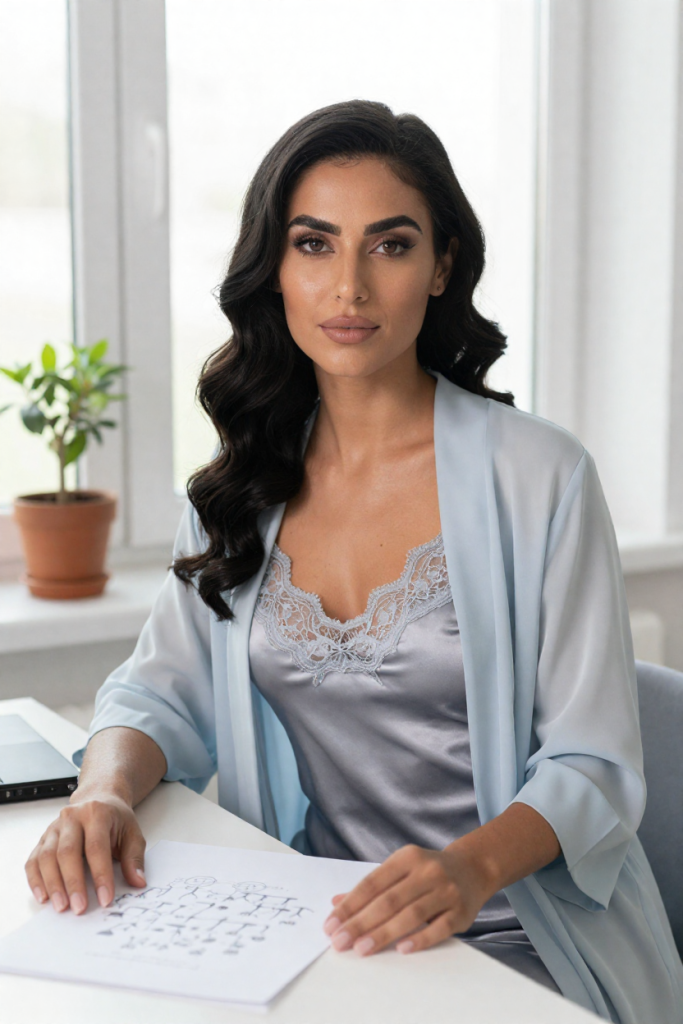 LinktreeReplacement muse in a silver silk slip dress with pale blue lace, seated at the desk with the hand-drawn family-tree sheet